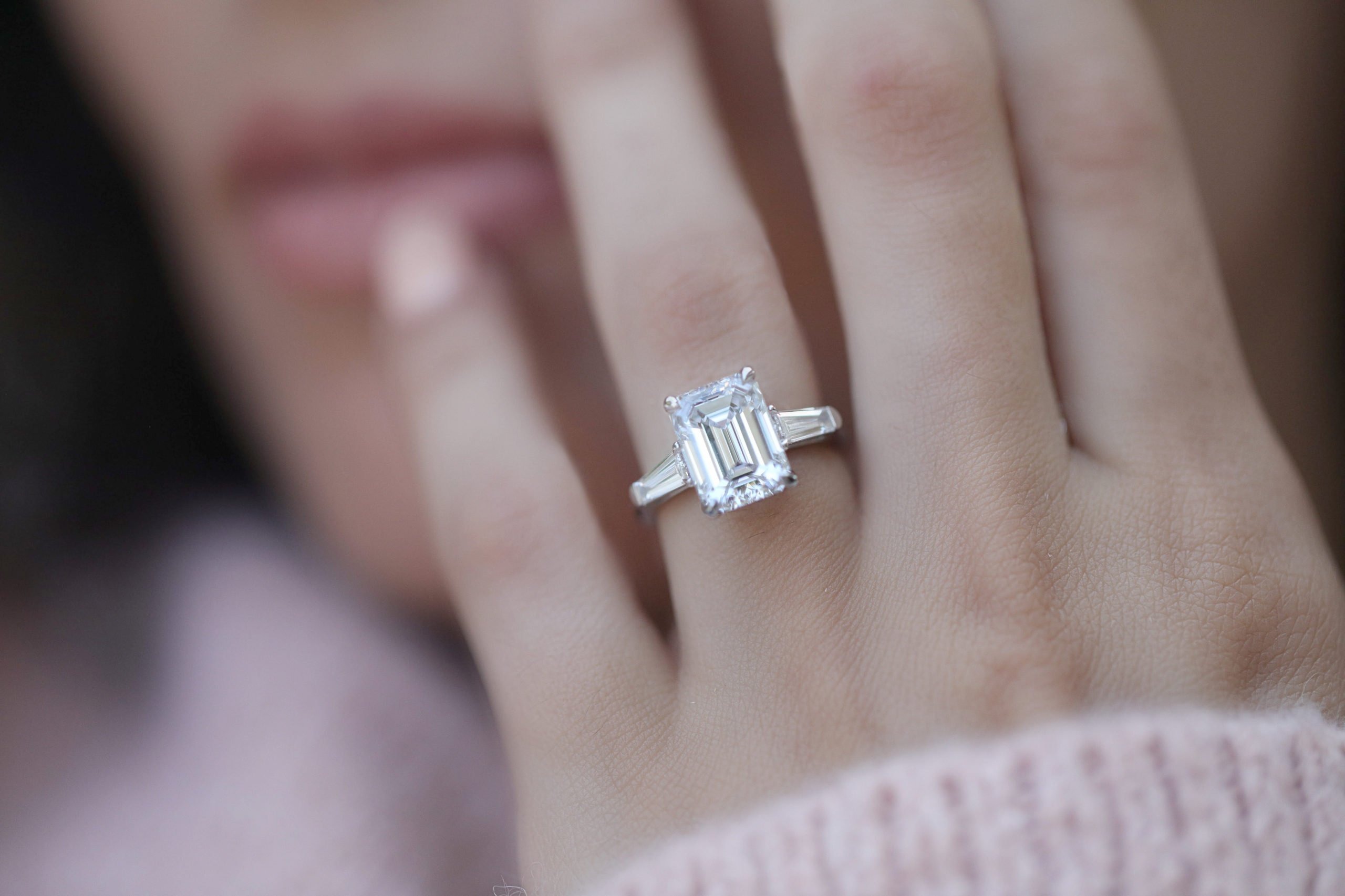 Milgrain Halo Emerald cut Moissanite Diamond Engagement Ring/ Half Eternity  Moissanite Rings/ Diamond Halo Wedding Rings/ Statement Ring