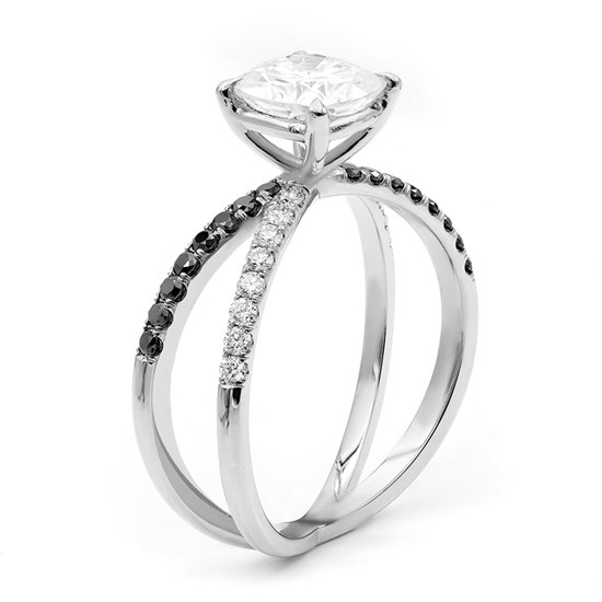 Criss Cross Split Shank  Engagement Ring with Black and White Diamonds