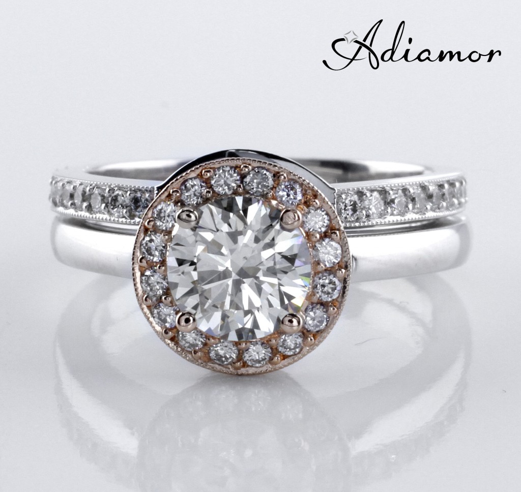 Two Toned Halo Ring with Matching Curved Wedding Band