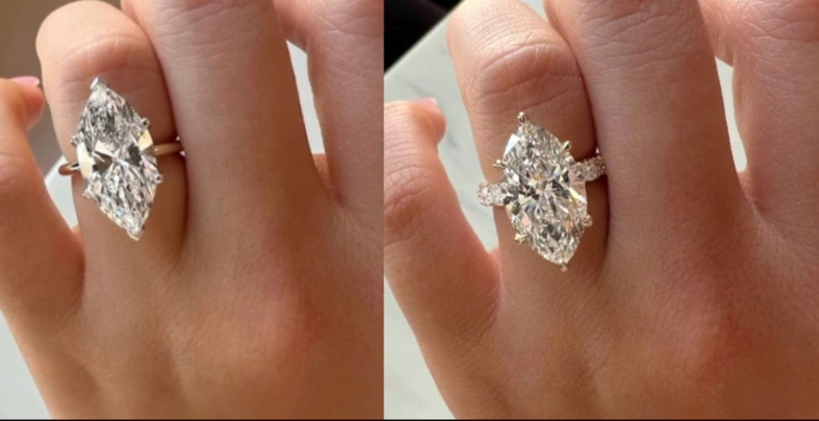 Side by side, left is a marquise with a solitaire setting on a gold band and right image featuring a marquise diamond with a diamond eternity band and hidden halo with yellow gold